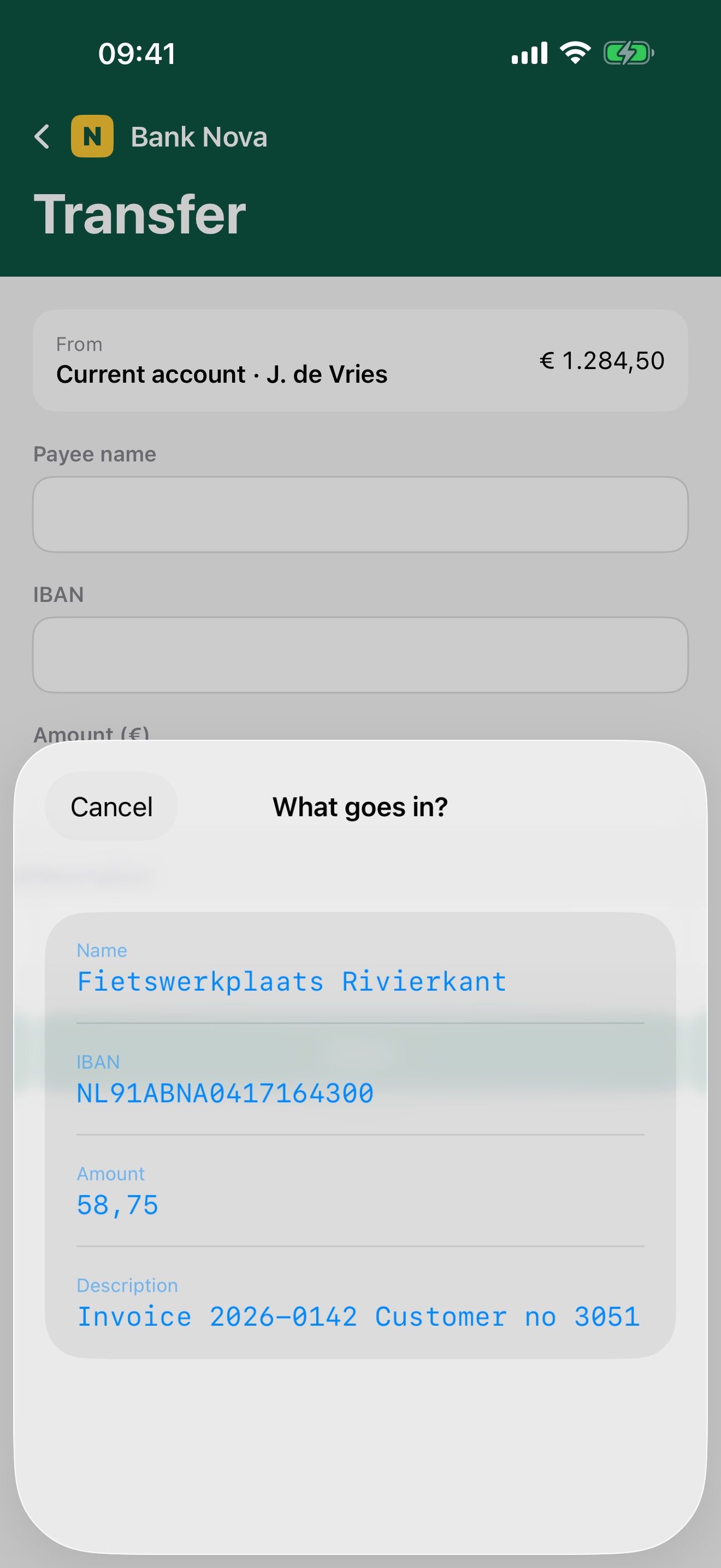 Payster: AutoFill in een fictieve bankapp, de ingevulde overboeking, en de manieren van plakken (1 van 3)