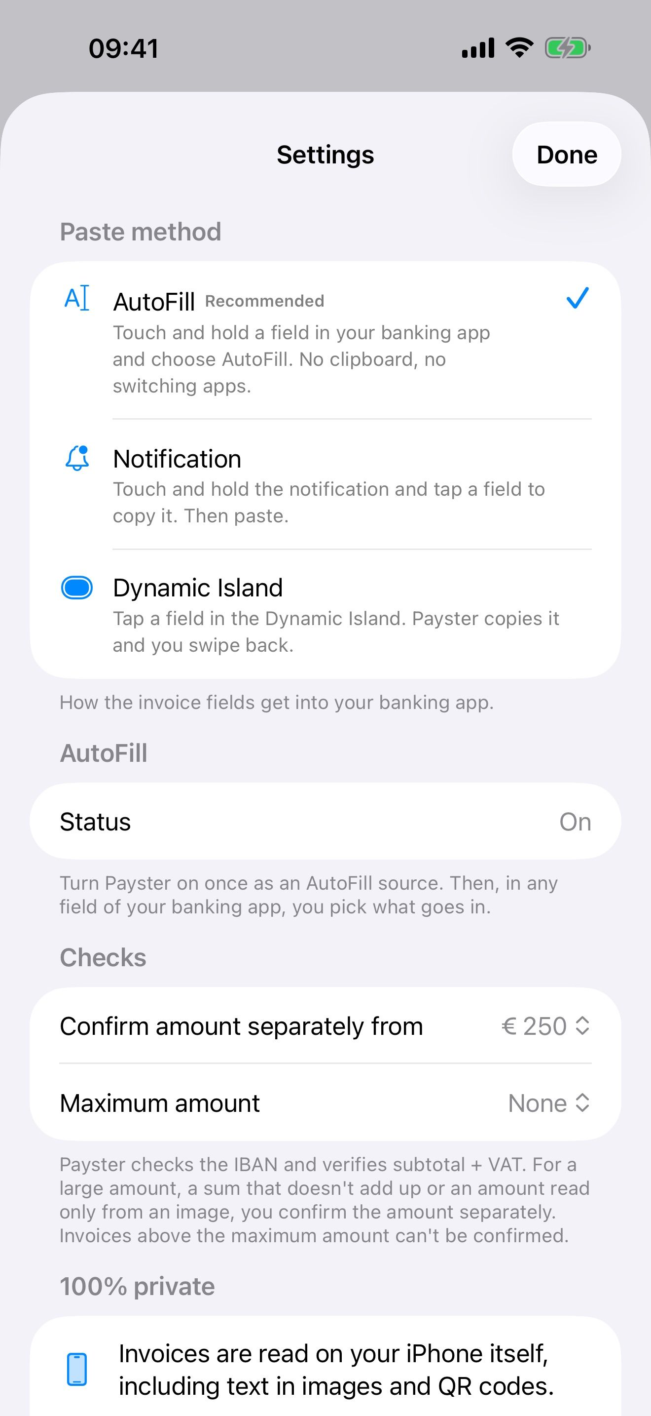 Payster: AutoFill in een fictieve bankapp, de ingevulde overboeking, en de manieren van plakken (3 van 3)